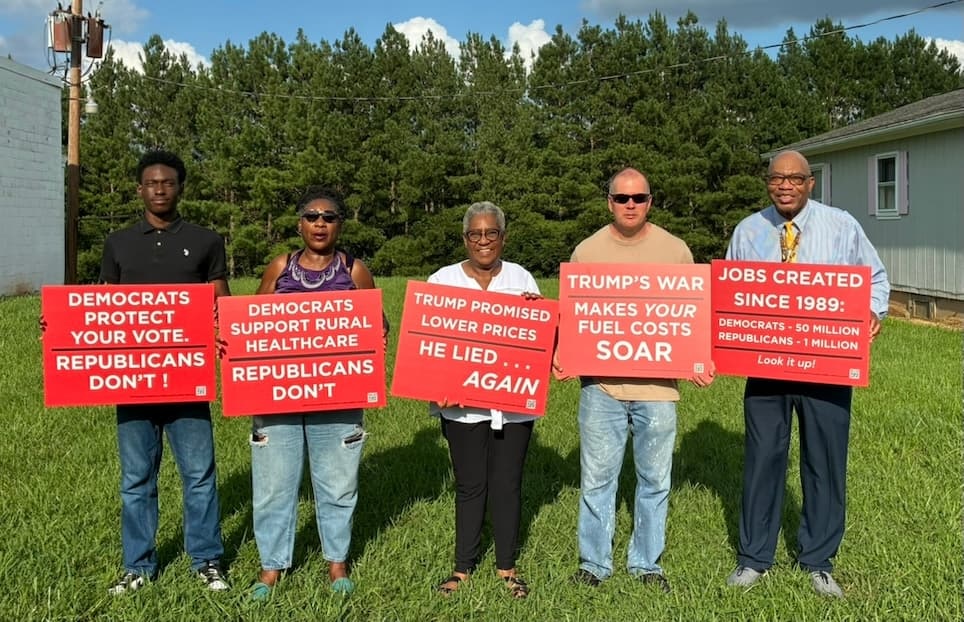 Republicans Fund Ballrooms, Democrats Fund Hospitals sign posted near Dearmont Hall and a Protect Clarke County sign
