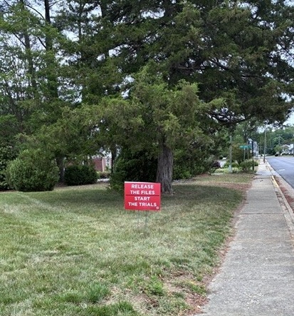 Release the Files — yard sign by sidewalk